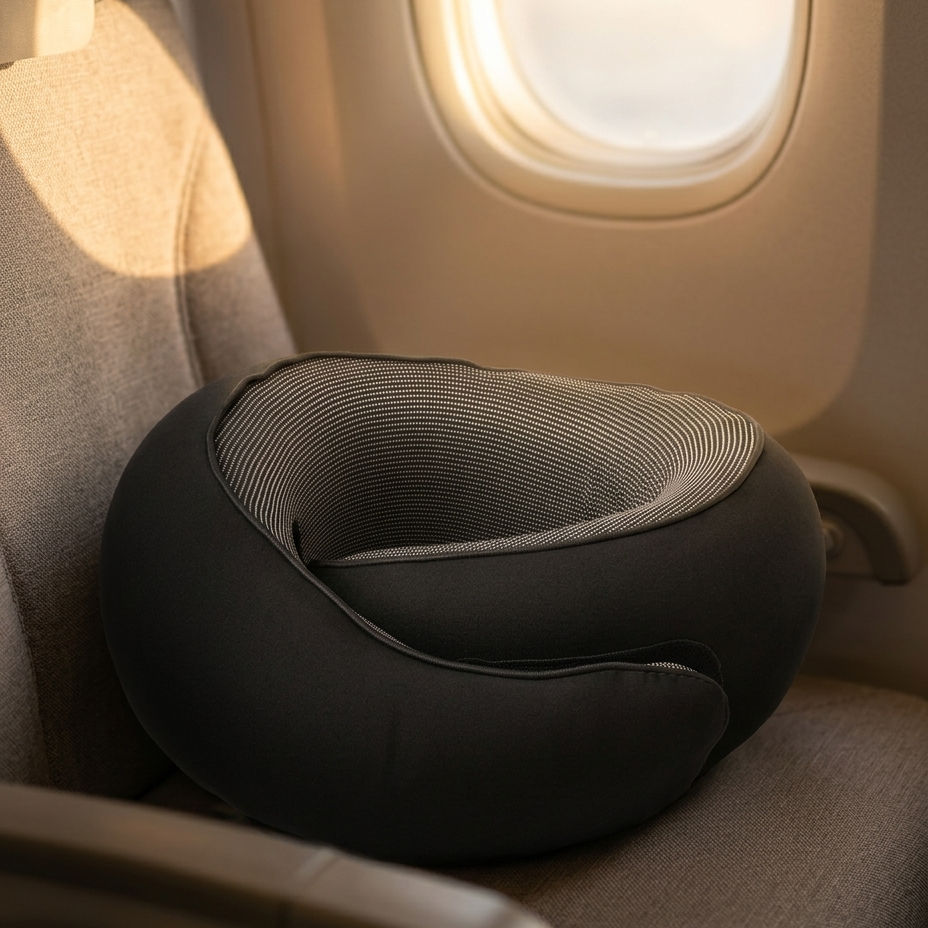 A dark gray U-shaped travel neck pillow resting on an airplane seat next to a window, with warm sunlight streaming in.