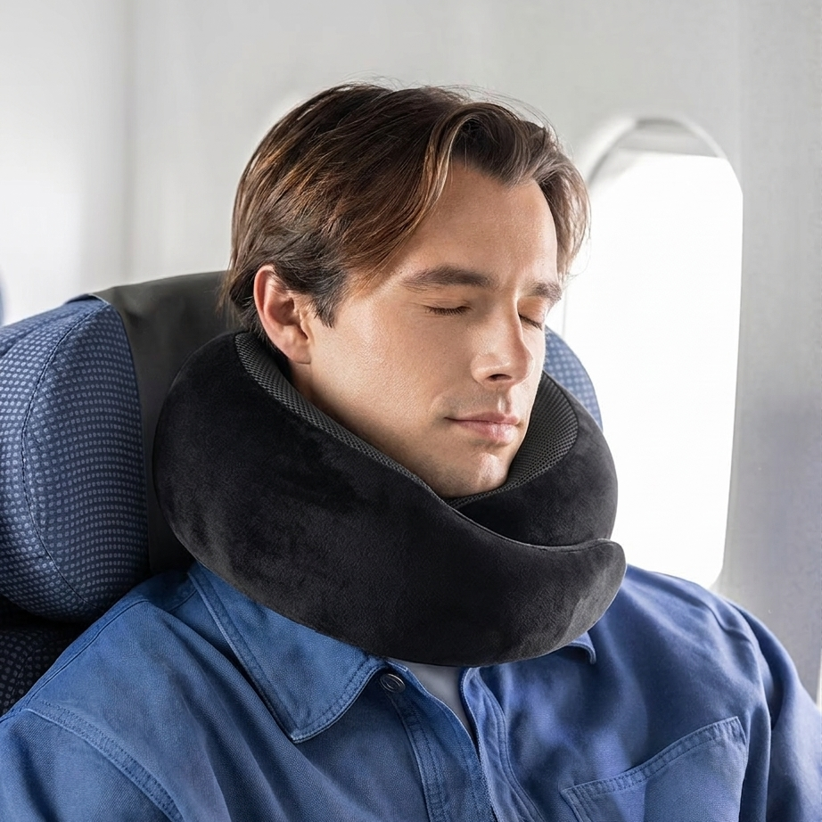 A man sleeping peacefully in an airplane seat, wrapped in a black plush neck pillow. He is wearing a blue denim shirt, and the bright window light shines in the background.